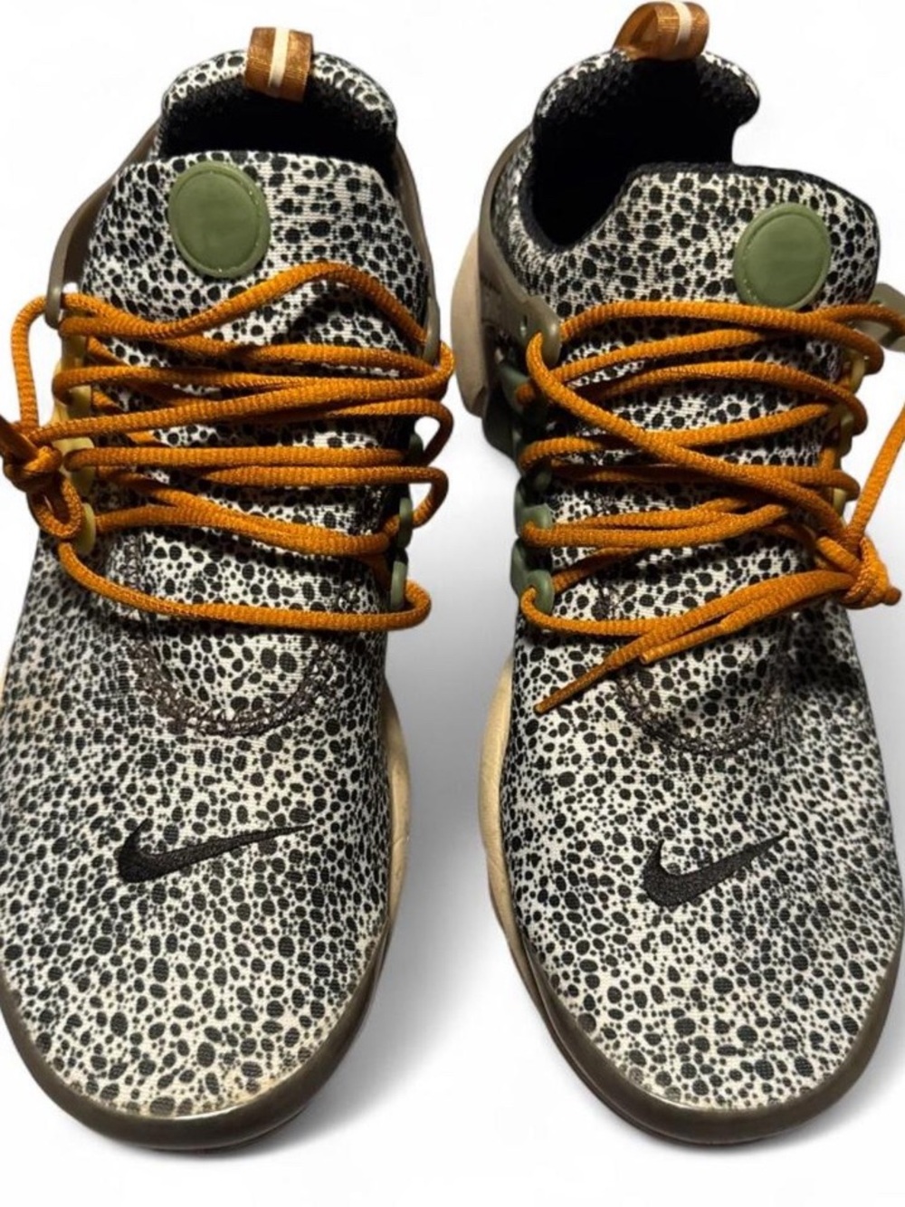 Nike Air Presto Black Leopard Print Sneakers with Orange Laces and Olive Accents